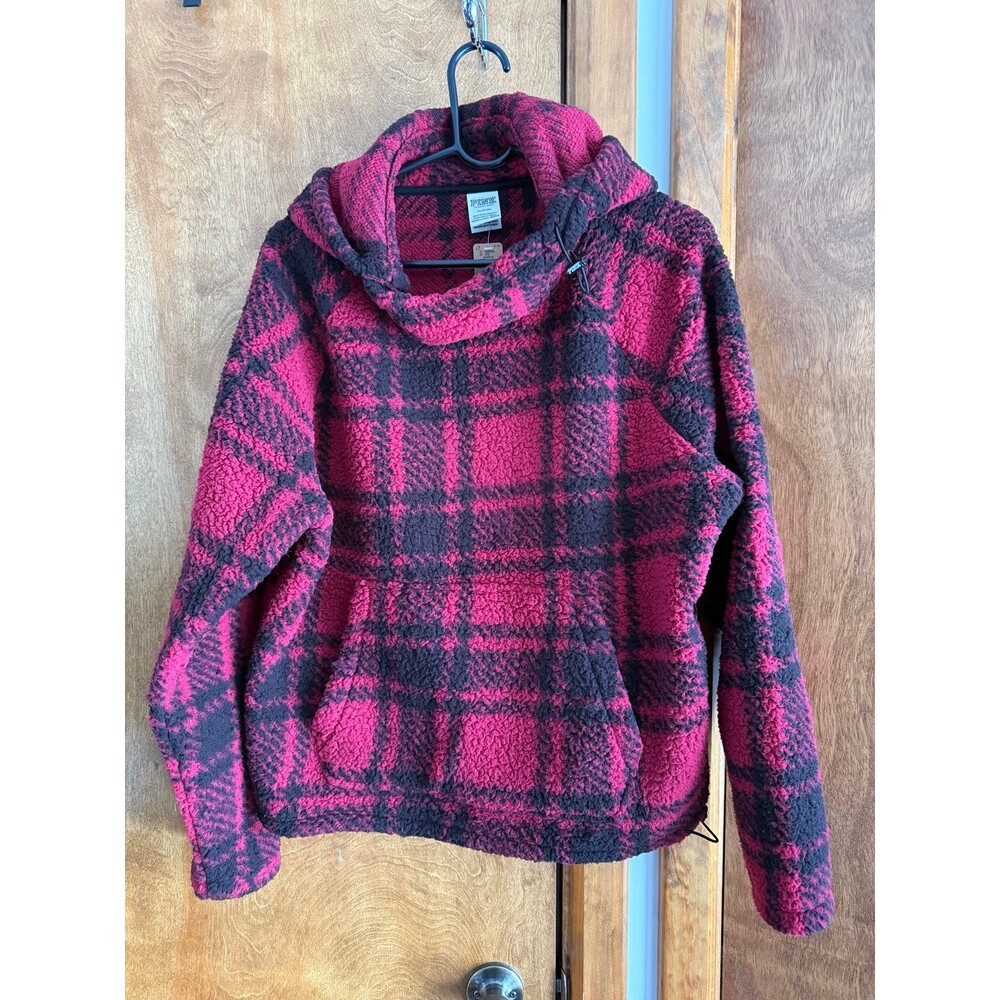 Victoria’s Secret PINK Sherpa Funnel Neck Pullover Sz. M NWT Red Plaid